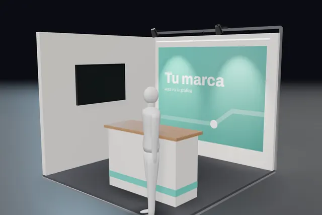 Render de un stand de 3 por 3 metros