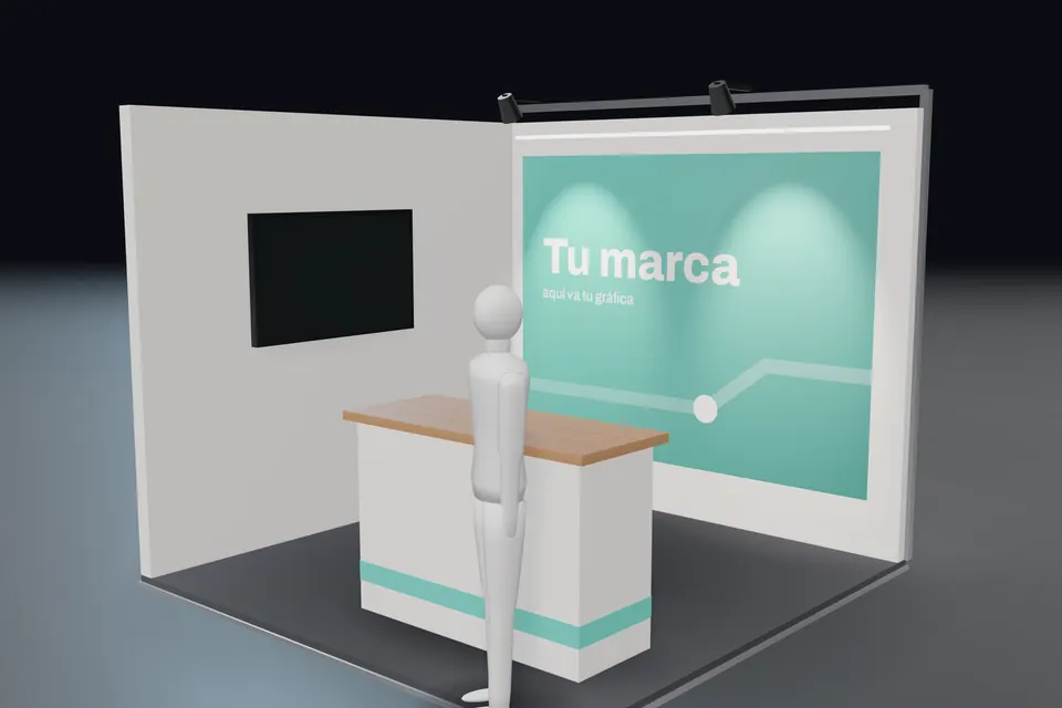 Render de un stand de 3 por 3 metros en estilo claro, con mostrador, pantalla y gráfica de fondo
