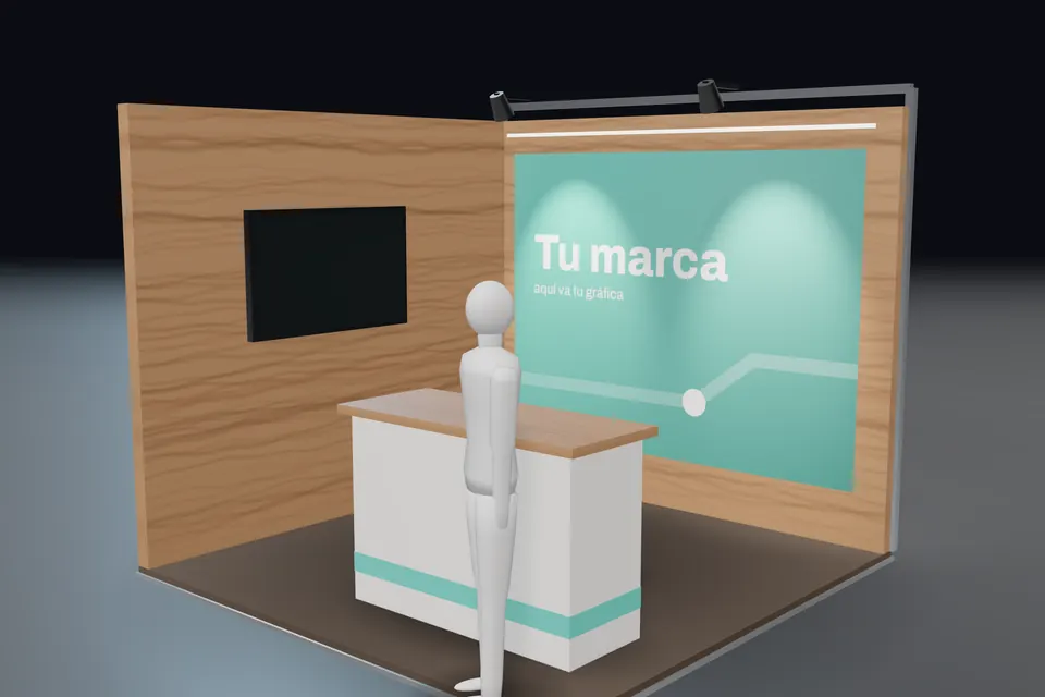 Render de un stand de 3 por 3 metros en estilo madera