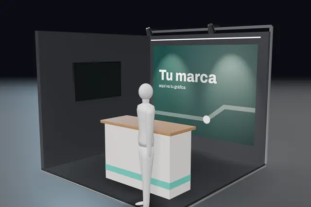 Render de un stand de 3 por 3 metros en estilo oscuro