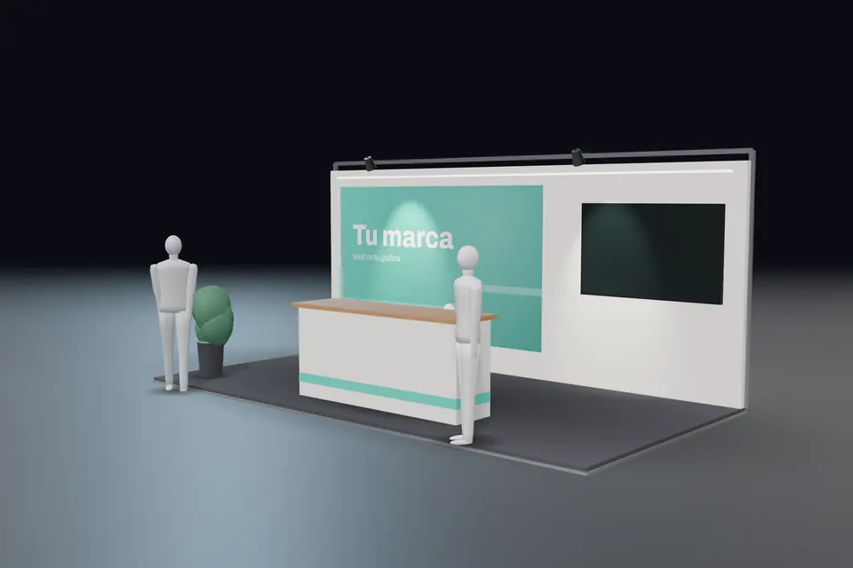 Render de un stand de 6 por 3 metros en estilo claro