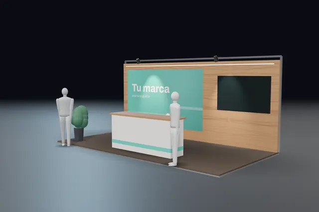 Render de un stand de 6 por 3 metros en estilo madera