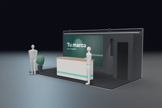 Render de un stand de 6 por 3 metros en estilo oscuro