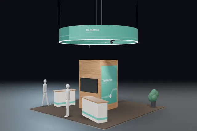Render de un stand de 6 por 6 metros en estilo madera