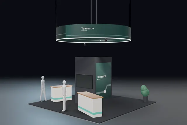 Render de un stand de 6 por 6 metros en estilo oscuro