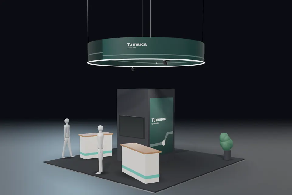 Render de un stand isla de 6 por 6 metros en estilo oscuro: núcleo con gráfica turquesa, aro colgante, dos mostradores y personas para la escala