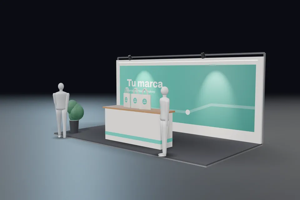 Render de un stand de 6 por 3 metros con bolsas de tela con logo sobre el mostrador