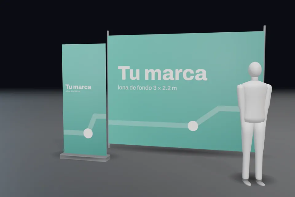 Render de un roll-up de 85 por 200 centímetros junto a una lona de fondo de 3 por 2.2 metros, con una persona para la escala