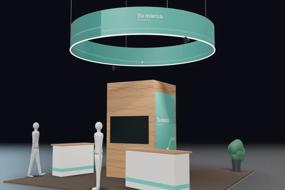 Render de un stand isla de 6 por 6 metros visto a la altura de los ojos, con aro colgante